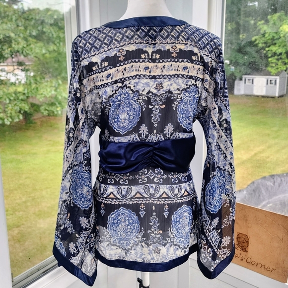 Rampage Navy Blue Satin Trim Sheer Print Waist Defined Bell Sleeve Tunic Top - Picture 9 of 14